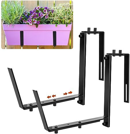 2pcs Adjustable Planter Box hook Brackets for Deck Railing, 6-12.5 Heavy Duty Flower Box hook Wall Bracket Window Box Holders for Brick Window Sill, Fence, Balcony, Outdoor, Patio, Garden (Black)