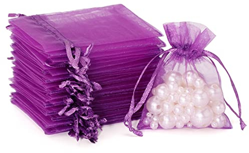 G2PLUS Purple Organza Gift Pouches 7x9 cm: Small Favor Bags, 50 PCS | Wedding Jewelry Bags, Clear Mesh Pouches for Wedding, Christmas, Birthday, Anniversary