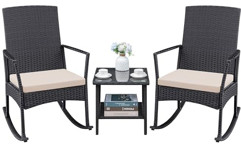 Greesum 3 Pieces Patio Furniture Set Outdoor Wicker Rocking Chairs with Glass Coffee Table for Garden Backyard Porch Poolside, Beige
