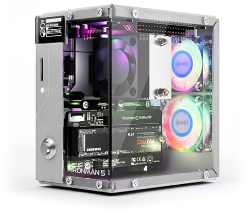 Pironman 5 NVMe M.2 SSD PCIe Mini PC-Gehäuse für Raspberry Pi 5 Hailo-8L AI Beschleuniger mit Tower-Kühler+Doppel-RGB-Lüfter, 0,96'' OLED-Modul, Safe Shutdown, Standard-HDMI, RGB-Effekt