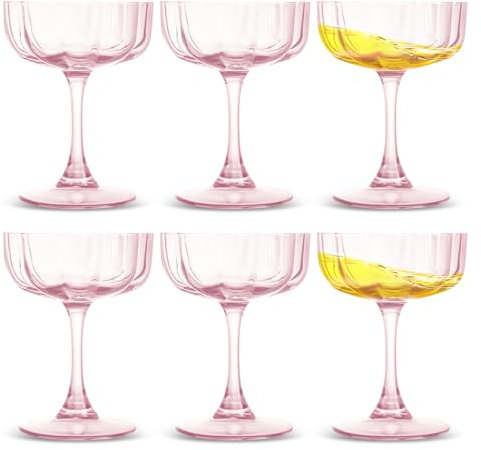 Lot de 6 verres à cocktail avec pétales ondulés - 200 ml - Verres à martini vintage - Coupe à champagne striée - Verres de bar - Cadeau d'anniversaire ou de mariage