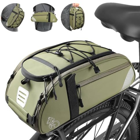 BEEYEO Rear Bike Rack Bag Waterproof Bike Bags with Reflector, Rain Cover & Shoulder Strap for Commuter Travel Outdoor, Green