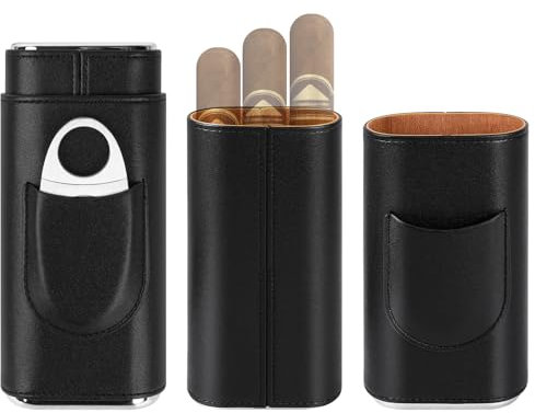 Linkidea Travel Cigar Humidor Case, Luxury Vegan Leather Portable Cigar Holder with Cedar Wood Lining, Holds 3 Cigars, Stainless Steel Cutter, Gift for Men & Business Travel (Black)