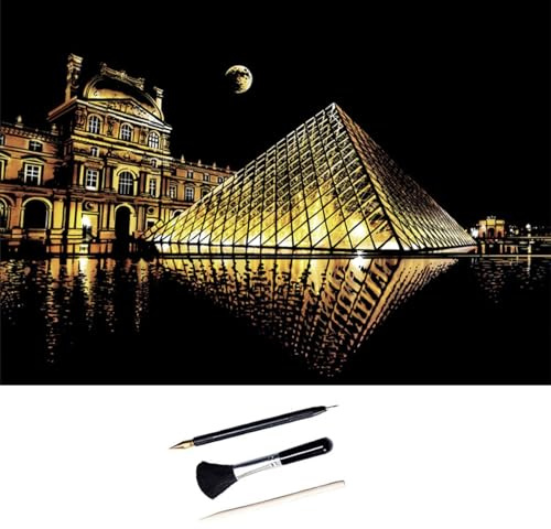 ShipeeKin Kratzbilder für Erwachsene 405 x 285mm A3 Sehenswürdigkeiten Wandbild, Beschichtete Bunte Kratzpapier mit Werkzeug Set (Louvre)