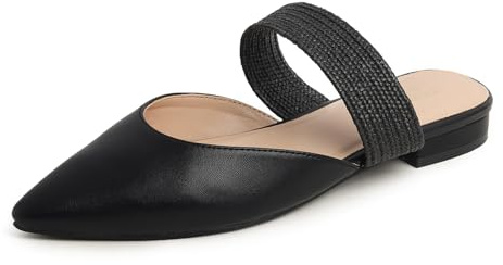 Feversole Womens Flat Pointed Toe Slingback Shoes，Scarpe da Ballettoda Donna Punta Appuntito Cinturini Raffic nero in pelle vegana 39 EU