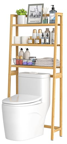 VASMIA Toilettenregal, 3-Ebenen Bambus WC Regal über die Toilette mit 3 Haken und Wasserdichten Fußpads, Freistehende über die Toilette Regal für das Badezimmer,Natürlich