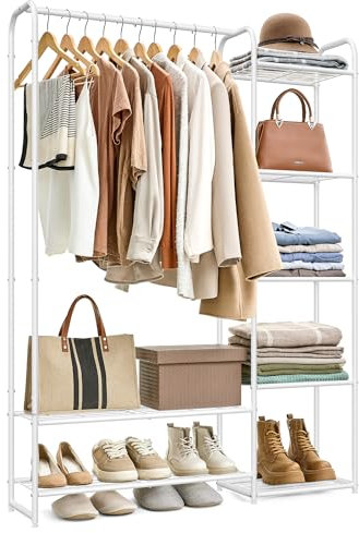 SONGMICS Kleiderständer, offener Kleiderschrank, Kleiderstange, Garderobenständer mit Ablagen, Garderobe aus Metall, freistehend, 29 x 112 x 158,4 cm, mattweiß LGR462W01