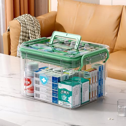HIKENRI Scatola per la Conservazione dei Medicinali, Organizzatore per la Conservazione dei Medicinali Domestici, Scatola di Primo Soccorso, Scatola per Medicinali a Doppio Strato con Griglia Multipla
