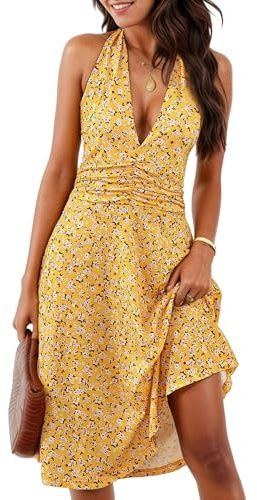 Timuspo Sommarklänning dam, knälång V-ringad, halterneck, halterneck, aftonklänning, midi, volangklänning, ärmlös, blommig klänning, sommarklänning, bohemisk festklänning med 2 fickor, Gult, XL