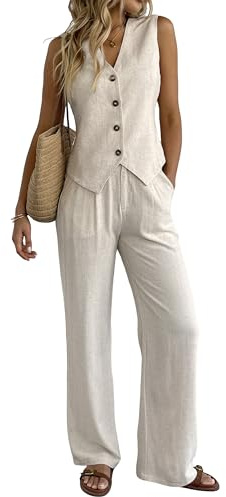 Fakanhui Ensemble 2 pièces en lin pour femme - Gilet d'été - Jambes larges - Pantalon d'affaires, loisirs, vacances, ensembles de travail