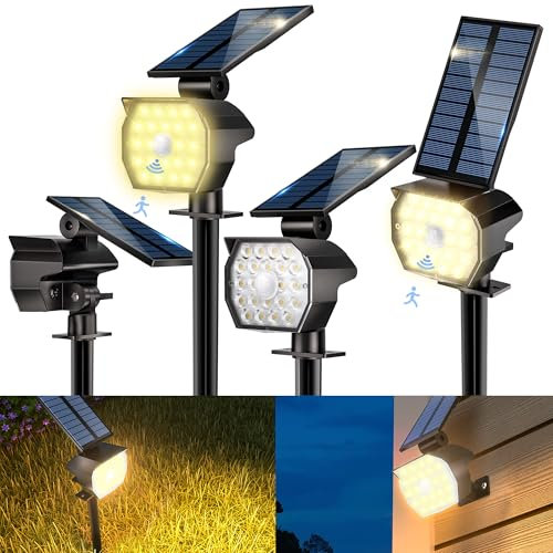 Adewalk 4 Pezzi LED Faretti Solari da Giardino, 2 in 1 Luci Solari da Esterno 3 Modalità, IP65 Impermeabili, 3000K Lampade Solari Potenti per Cortile, Vialetto, Alberi, Bianco Caldo