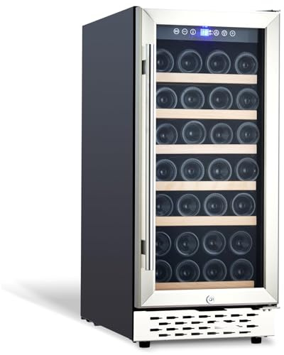 DYTesa 15 Inch Wine Cooler - Compressor Refrigerator with Lock, 28 Bottle Freestanding Wine Cellar, Dual Zone with Digital Temperature Control, Glass Door, and Beverage Cooler.