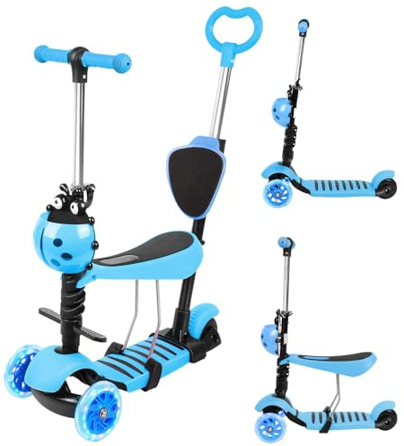 Trottinette avec Siège 5 en 1,Trottinette Enfant,3 Roues Plateau Antidérapant LED, Patinette réglable en Hauteur,Idéal Cadeau pour Enfants 2 a 8 Ans,30KG