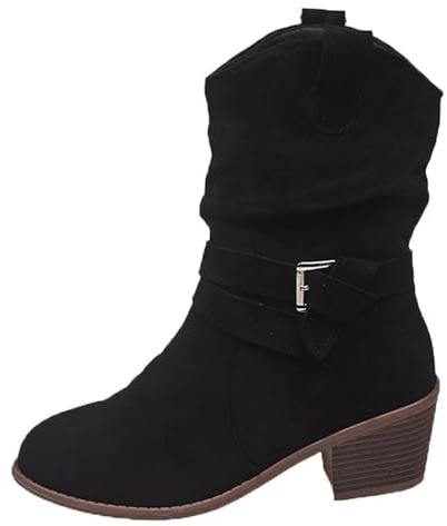 Botas Western para Mujer, Elegantes Tacón Grueso Botas de Ante, Botines de Invierno de Media Altura con Caña, Mujer Casual Cómodos Botines Camperas