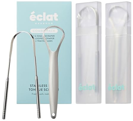 Éclat Stainless Steel Tongue Scraper with Travel Case, Tongue Cleaner for Fresh Breath & Oral Hygiene, Flexible, Durable, Easy-to-Use, Non-Irritating for Oral Care (Combo (U + Looped))