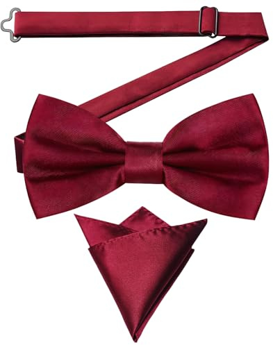 Horktrust Noeud papillon homme, noeud papillon enfant - Pré-noué & Réglable avec Pocket Square - Idéal pour Mariage, Business et Soirée - Rouge Foncé