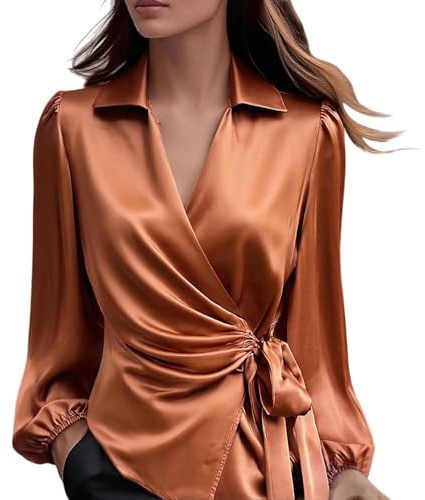 Blusa de satén para mujer elegante inteligente cruzada envolvente manga larga abullonada con cinturón anudado camisas cuello en V solapa elegante negocio casual trabajo tops, café, XXL