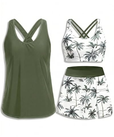 Daci Womens Green Palm Tree 3 Piece Tankini Swimsuits with Skirt - Tummy Control Bathing Suit Swim Tank Top and Sport Bra 2026 Athletic Swimwear XL