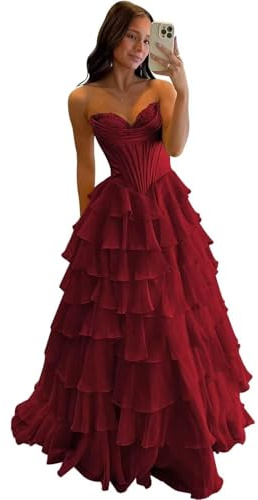 SWEMILE Womens Floral Prom Dresses Tiered Chiffon Sweetheart Ball Gown Corset Empire Waist Formal Evening Gowns 3222