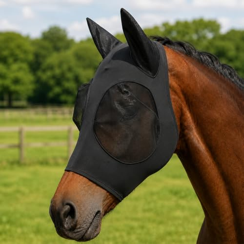 Horse Fly Mask with Ears, Universal Size Breathable Mesh, Black | Universal-size design with hook-and-loop fastening, suitable for turnout, stable and pasture use for horses and ponies
