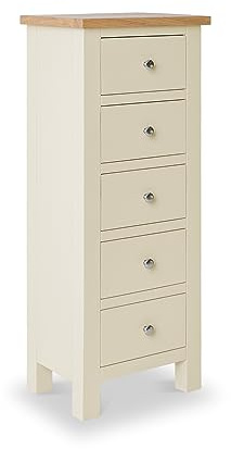 RoselandFurniture Farro Cream Tallboy Chest of Drawers for Bedroom Slim 5 Drawer Cabinet Fully Assembled Contemporary Tall Painted Solid Wood Narrow Storage Chest with Oak Top | 115 x 45cm