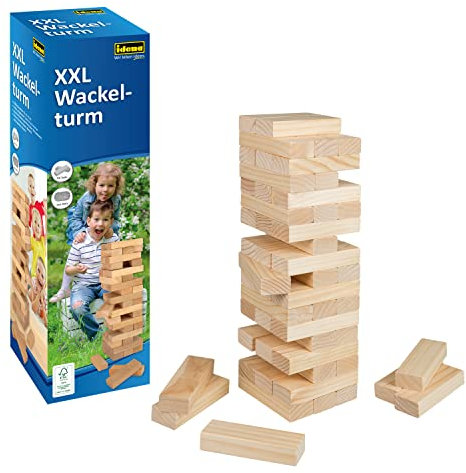 Idena 40212 – Torre de tambaleo XXL, Juego de apilamiento con 54 Bloques de construcción, Juego de Habilidad de Madera, Aprox. 15 x 15 x 54 cm, Torre de apilamiento Grande, Juego Divertido para Toda