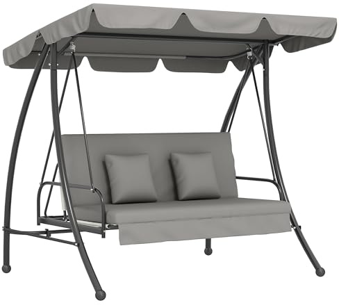 Outsunny Hollywoodgunga trädgårdsgunga gungbänk med liggfunktion, 3-sits, metall + polyester, vit, 209 x 114 x 170 cm