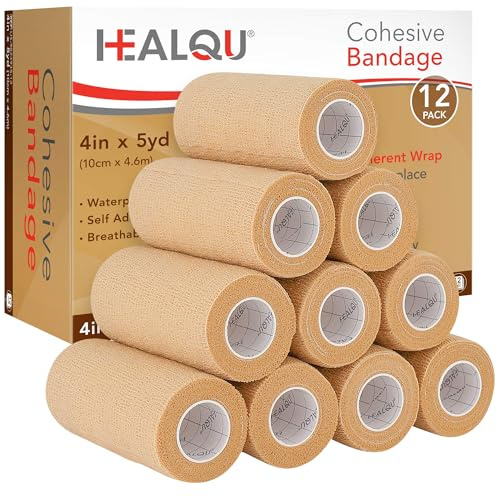 HEALQU Self Adhesive Bandage Wrap – 4 x 5 Yard, 12 Rolls Cohesive Tape for Athletic & Sports - Self Adherent Medical Tape, Flexible, Waterproof Elastic Bandages for Wrist & Ankle Vet Wrap for Dogs