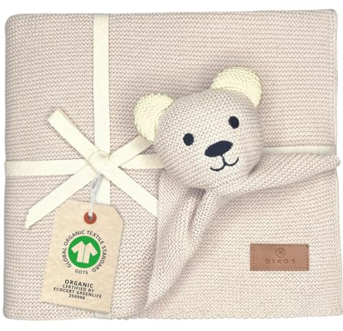 DIKOS® Coperta originale per neonati, in cotone biologico, 100% GOTS, coperta con peluche a maglia, coperta per neonati (beige naturale)