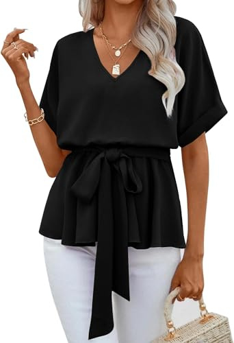 FSHAOES Womens V Neck Blouse Short Sleeve Belted Casual T-Shirts Basic Tee Tops Black