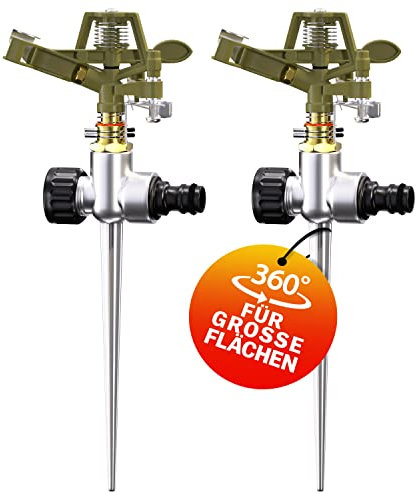 GARDEBRUK® 2x Sprinkler With Ground Spike 360° Spray | Up To 24m Spray Range | Universal Standard Hose Attachment | Garden Grass Impulse Sprinkler | Lawn Irrigation | Sector Sprinkler