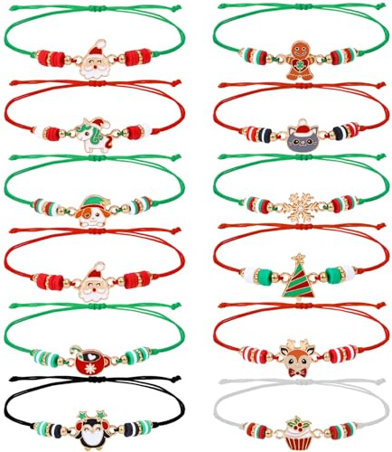 vamei 12 Stück Freundschaftsarmband Kinder Weihnachten Armband Mädchen Einstellbare Geflochten Armbänder mit Weihnachtsmann Schneemann Schneeflocke Anhänger Weihnachten Geschenke für Mädchen Frauen