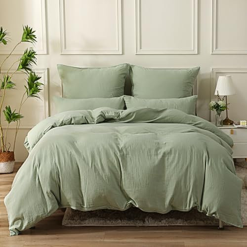 SOULFUL Doppelte Muslin Bettwäsche 200x200 Baumwolle, Bettwäsche-Sets 1er Set Bettbezug mit 2 Kissenbezüge 80x80 cm, ÖKO-TEX Bettwäsche Lakritzgrün mit Reißverschluss
