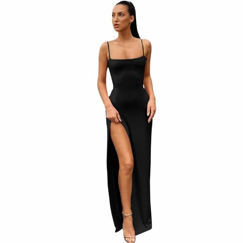 Gkaopi Womens Dresses Spaghetti Strap Strap Backless Thigh-high Slit Long Dresses Sleeveless Sexy Bodycon Maxi Long Dress Club Party Dress Black