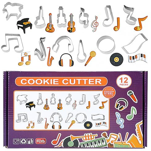 RoseFlower Emporte Piece Patisserie, 12 Pièces Formes de Note Patisserie Biscuit Moule, Acier Inoxydable Moule à Biscuits, pour Biscuits, Fondant, Décoration de Gâteaux (Instrument de musique)