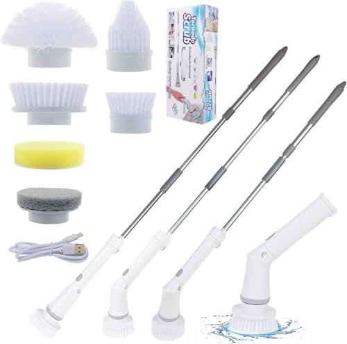 Brosse Electrique Nettoyage Rotative, Electric Cleaning Brush sans Fil avec Poignée Réglable et 6 têtes de Brosse interchangeables, Power Spin Scrubber Rechargeable pour Cuisine, Bain, Voiture
