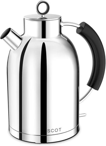 ASCOT Electric Kettle, Stainless Steel Electric Tea Kettle Gifts for Men/Women/Family 1.5L Retro Tea Heater & Hot Water Boiler, Auto Shut-Off and Boil-Dry Protection Polished Silver