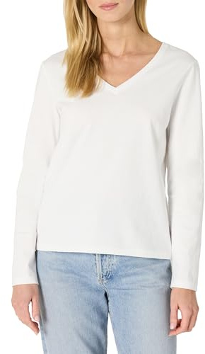 Amazon Essentials Camiseta de Cuello en V, Manga Larga, Corte Regular, 100% Algodón Mujer, Blanco, S