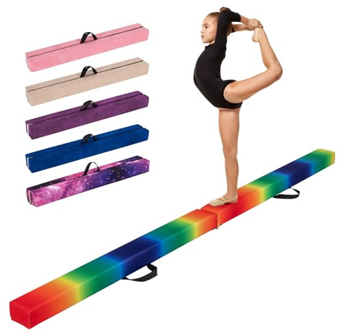 COSTWAY Poutre de Gymnastique Pliable, Barre de Gymnastique au Sol Portable en Mousse avec Housse en Daim Amovible et Fond Antidérapant Poignées, pour Enfants, Gymnastes (270 CM,Arc-en-Ciel)