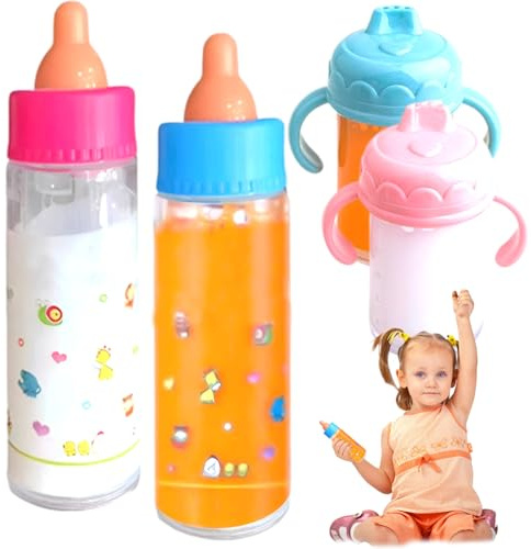 CAKEEYUM 6 pièces/Ensemble de biberons de poupée, biberons poupée Magique drôle avec du Lait ou du jus Qui disparaît, Accessoires poupées Simulation pour Cadeaux d'enfants, Jouet pour poupées, D