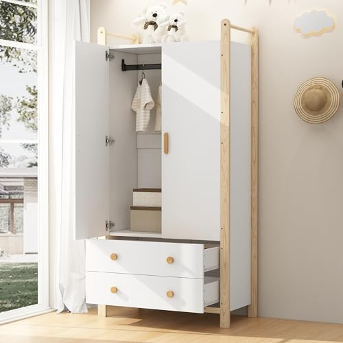 VIVCA Armario de 2 puertas con barra para colgar y 2 cajones, adecuado para dormitorio, sala de estar y pasillo, de madera aglomerada, color blanco con marco de pino, 90 × 45 × 180 cm, natural+blanco