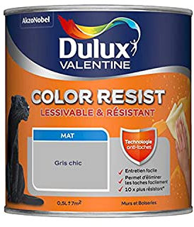 Dulux Valentine Color Resist Pièces à Vivre - Peinture Intérieure Murs, Plafonds, Boiseries - Lessivable et Résistante - Couleur : Gris Chic - 0,5 L