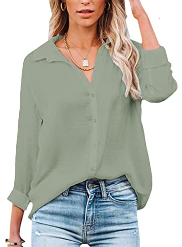 NONSAR Blusa para Mujer de Manga Larga y, Cuello de Pico, con Botones, Elegante, Informal, para Trabajo, Camisa de Manga Larga, Verde Guisante., L