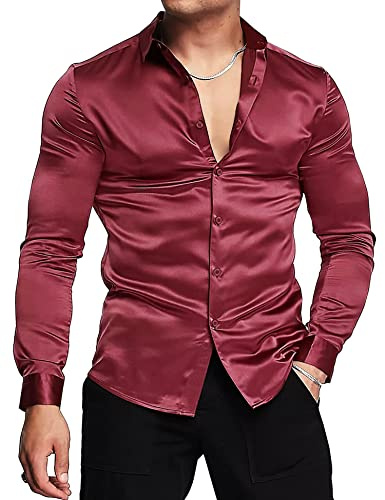 URRU Camisa de Vestir de satén de Seda Brillante de Lujo para Hombre, Manga Larga, Casual, Ajustado, con Botones musculares, Rojo Vino, Large