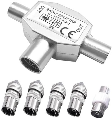WANGCL Divisor de antena de TV de 2 vías, divisor coaxial de 1 a 2 satélites, con adaptador de antena macho a hembra, enchufe RF de TV macho a hembra