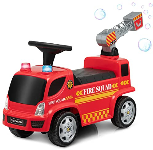 COSTWAY Voiture à Pousser Évolutive pour Enfants, Camion de Pompiers à Pousser avec Machine à Bulles, Trotteur pour Enfants avec Phares, Sirène Sonore et Musique, pour Tout-Petits de 18 à 36 Mois