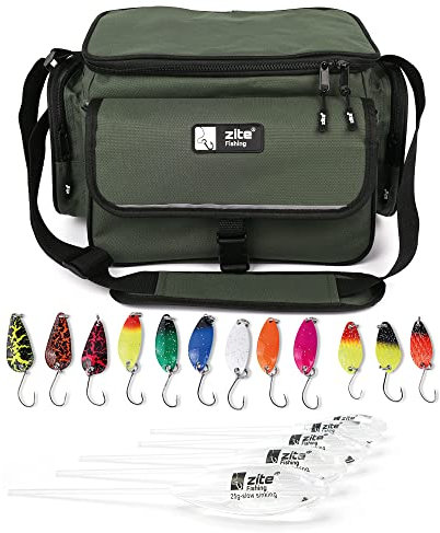 Zite Fishing Zubehör-Set | Angeltasche mit 4 Tackle-Boxen | Angel-Koffer | Forellen-Tasche | Trout Spoons Forellen-Blinker | Ultra Light Köder | 5 Sbirolino Angel-Posen