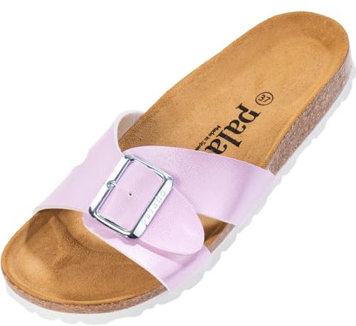 Palado Pantoletten Damen Tinos - bequeme Sandalen Made in Spain - elegante Hausschuhe mit Kork-Fußbett - modische Sommerschuhe Flieder Metallic UK8 - EU41