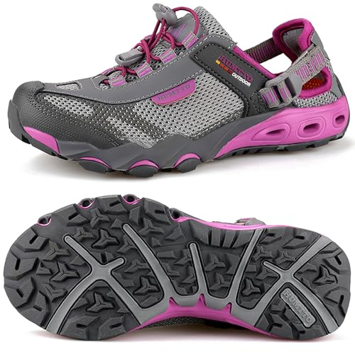 HUMTTO Women's Amphibious Water Shoes Summer Hiking Sandals Outdoor Non-Slip Closed Toe Water Sandals River Shoes 8 Grey-Pink Purple