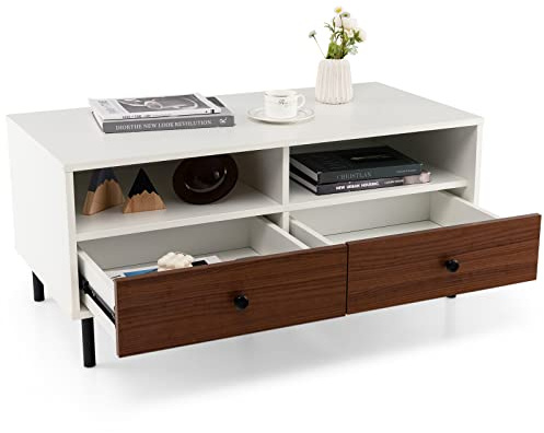 GIANTEX Mesa de Centro con 2 Cajones y Estantes Abiertos, Mesa de Café de 2 Niveles con Tablero Amplio y 5 Patas de Metal, Mesa Moderna Rectangular, 95 x 48 x 45 cm, Blanco+Café